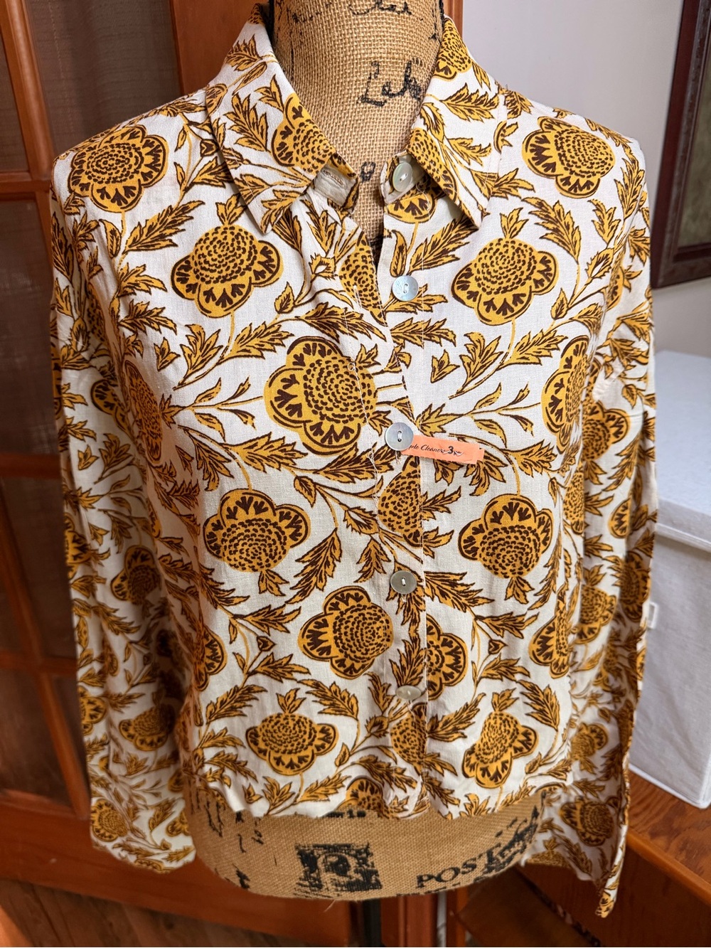 Nicole Miller White and Mustard Floral Button-Down Shirt